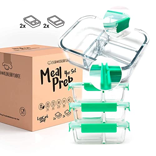 EOK Meal Prep Frischhaltedosen Boxen aus Glas mit dichten getrennten Kammern (4er Set à 1040ml) -...