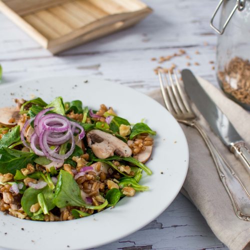 Dinkel-Salat mit Pilzen und Zwiebeln