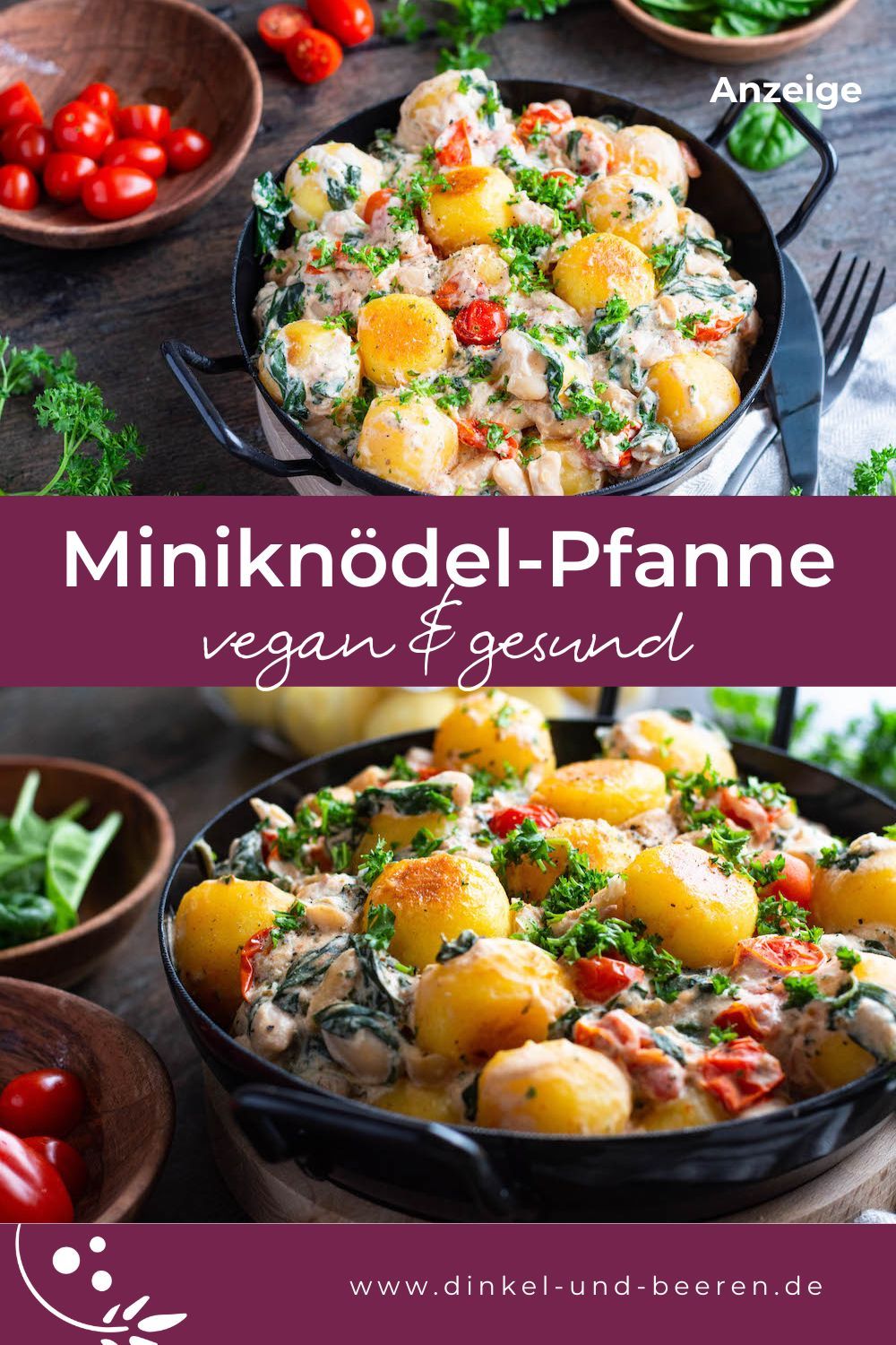 Zwei Fotos der Miniknödel-Pfanne mit Knödelinos, dazu der Schriftzug "Miniknödel-Pfanne vegan & gesund".