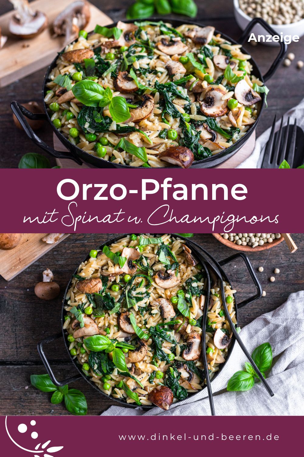 Pinterest-Grafik mit zwei Fotos einer Orzo-Pfanne, dazu der Schriftzug "Orzo-Pfanne mit Spinat und Champignons".