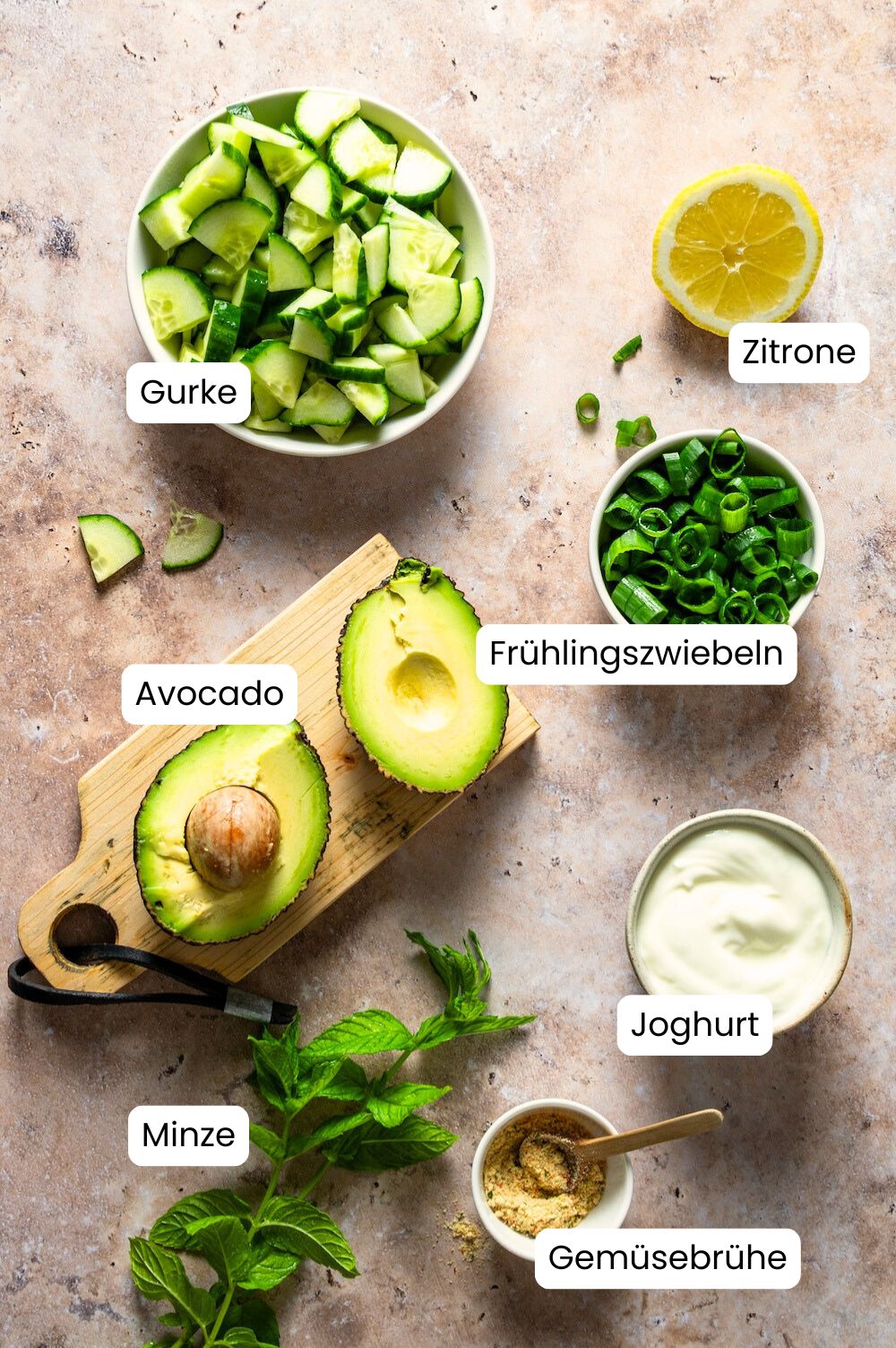 Zutaten für die Gurken-Avocado-Suppe in Schüssel fotografiert und als Grafik beschriftet.