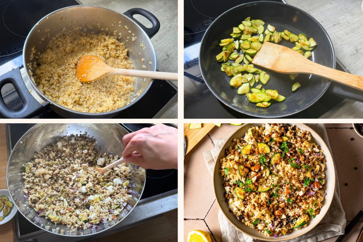 Grafik aus 4 Fotos, die die Zubereitung des Bulgur-Linsen-Salat zeigen (Bulgur kochen, Zucchini anbraten, Salat vermengen, fertiger Salat).