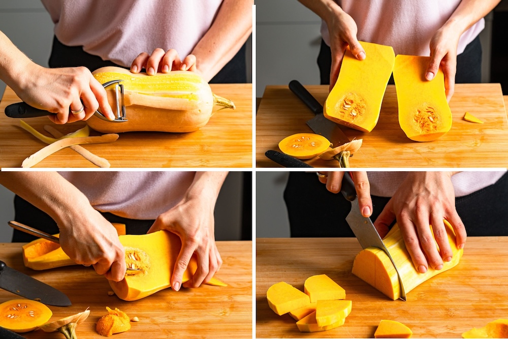 Vier Fotos, die Schritt für Schritt das Schälen und Schneiden von Butternut zeigen.